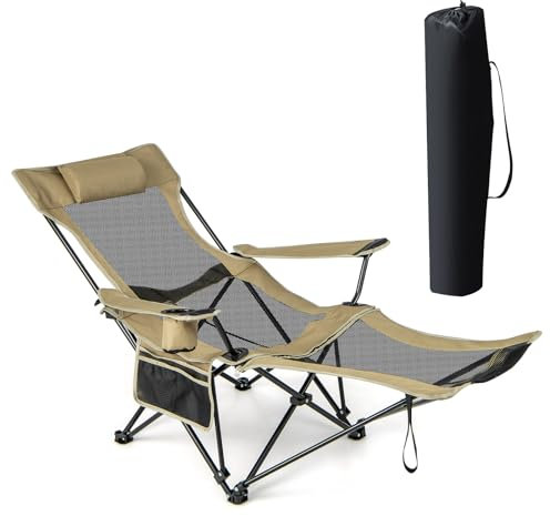 COSTWAY Folding Camping Chair, 2 in 1 Portable Reclining Camp Chair with Detachable Footrest, Adjustable Backrest, Storage Bag, Cup Holder & Headrest, Outdoor Lawn Chair for Fishing & Picnics (Khaki)