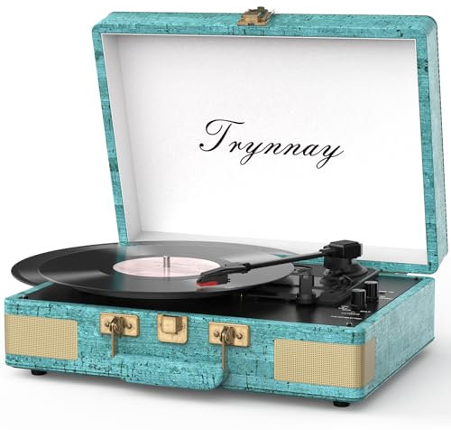Trynnay Record Player 3 Speed Bluetooth Portable Suitcase Vinyl Player with Built-in Speakers Turntable Enhanced Audio Sound Sky Blue