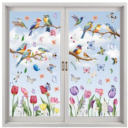Fensterbilder Frühling Selbstklebend, 9 Blatt Fenstersticker Doppelseitig Fensteraufkleber Blumen Vögel Fensterdeko Aufkleber Wiederverwendbar Glasaufkleber für Kinderzimmer