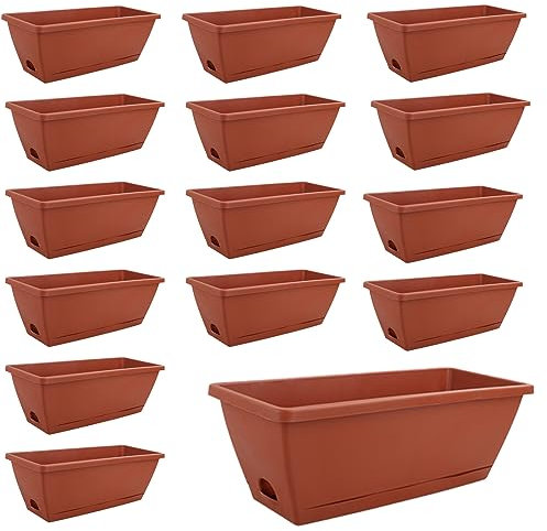 ZOFUN 15 Pcs Long Garden Planters, 43 x 19 x 15 cm Long Window Boxes for Flowers, Rectangular Flower Pots Outsides with Bottom Trays for Seepage, Red Plant Trough Planters for Garden Flowers Herbs
