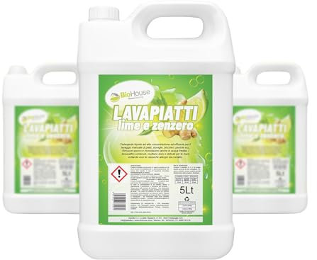 Detersivo Piatti Liquido 5 Litri Detersivo Piatti a Mano Detergente Mani Igienizzante Rimuove Sporco e Incrostazioni (Lime e Zenzero)