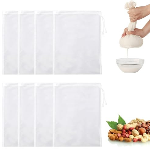 Nussmilchbeutel, 8 Stück Feinmaschiges Nylon Passiertuch, Wiederverwendbar Feinmaschiges Filter mit Kordelzug, Nylon Baumwolle Passiertücher für Hausgemachten Käse, Obstsaft und Gemüsesaft