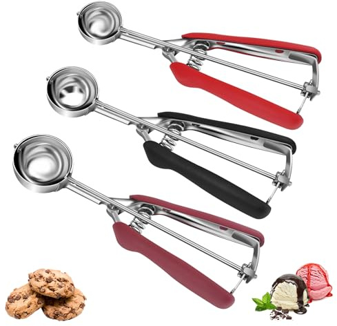 Set di 3 Porzionatori per Biscotti, Dosatori in Acciaio Inox per Gelato e Impasto, Cucchiaio da Porzionamento con Grilletto, 1 Cucchiaio/2 Cucchiai/3 Cucchiai, Dosatore per Muffin, Cupcake