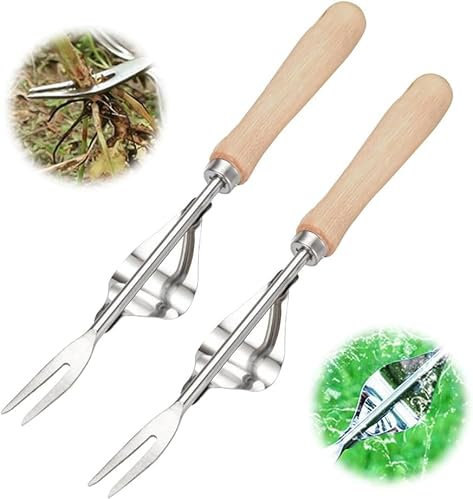 Weeding Tool V-Shaped Forks, Stainless Steel Weed Puller Tool with Metal Leverage Base to Easy Weed Removal & Deeper Root Digging, Manual Hand Weeder (2PCS)