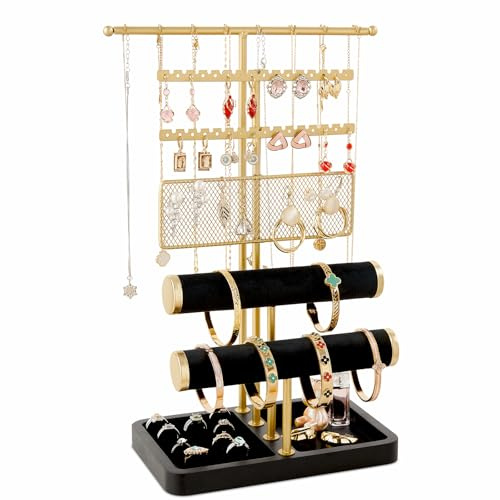 Poyilooo 4 Tier Jewelry Organizer and Storage, Earring Holder Jewelry Stand for Necklace Earring Keychains Bracelet Rings Display Jewelry Tree Stand Christmas Gifts for Women (Blackgold)