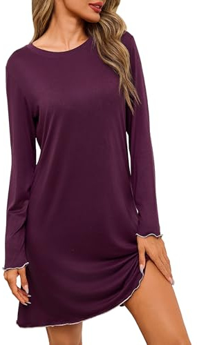 Leversic Camica da Notte Donna Cotone Camicie da Notte Manica Lunga Vestito da Notte Invernale Morbido e Confortevole Viola Scuro L