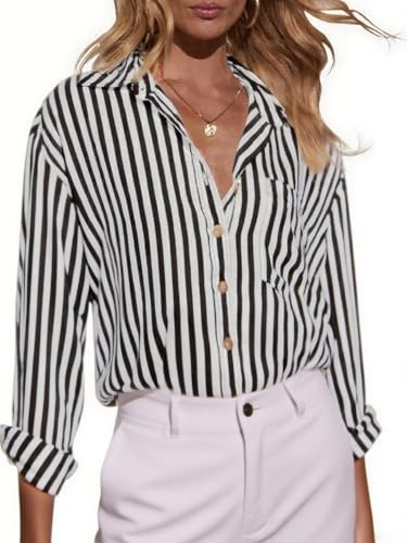 Dressmine Womens Striped Shirt V Neck Cotton Button Down Long Sleeve Lapel Blouse with Pocket Smart Casual Black 2XL