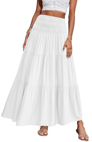 CFLONGE Jupes maxi d'été pour femmes 2026 Mode Boho Jupe longue tendance florale taille haute ligne A jupe de plage tenue de vacances, blanc, Taille S