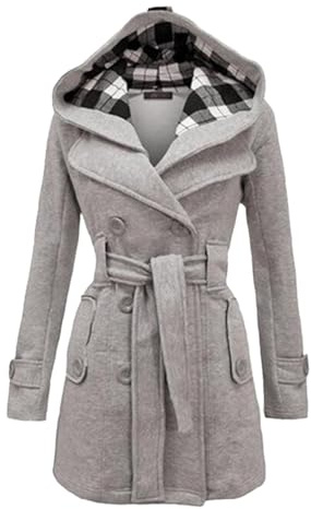 Manteau en laine à capuche décontracté à carreaux de couleur unie pour femme avec ceinture et double boutonnage long ouvert sur le devant Veste polaire à capuche, gris clair, M