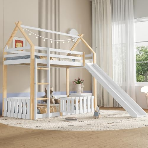 Trdlpyn Letto a Casetta per Bambini 90 x 200 cm con Scivolo e 1x Rete a Doghe, Letto a Forma di Casa, Struttura in Legno Massello per Ragazzi e Ragazze(Senza Materasso)