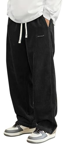 PADOLA Pantalon Velours Côtelé Homme Baggy Taille Elastique Pantalons Cargo avec Poches Décontracté Tricoté Pantalon de Travail Jambes Larges Ample Y2K Pantalons Jogging Sport (0 Noir, 3XL)