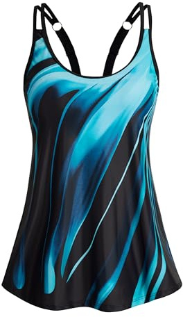 Women's Tankini Top Push Up Flattering Swimsuits Ruffle Cute Bathing Suit Tops Built in Bra Blue Oblique Stripes Medium