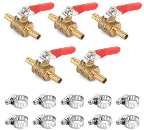 Set med 5 x 6 mm 2-vägs kulventiler med 10 klämmor, 1/4 tum kulventil, pneumatisk avstängningsventil bränsleavstängningsventil för luftgas