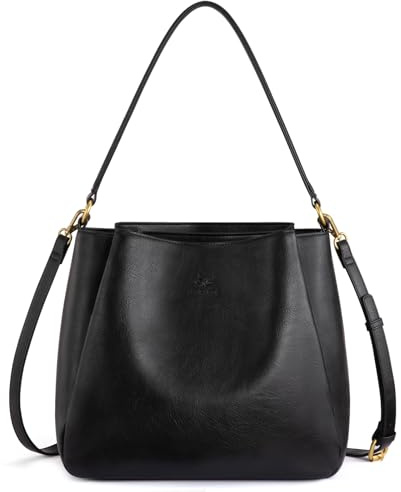 LOVEVOOK Handtasche Damen Mittelgroß, PU Leder Schultertasche, Beuteltasche mit Drei Großen Fächern, Elegante Retro Umhängetasche, Handtaschen für Büro, Shopper & Reise (Schwarz, M)
