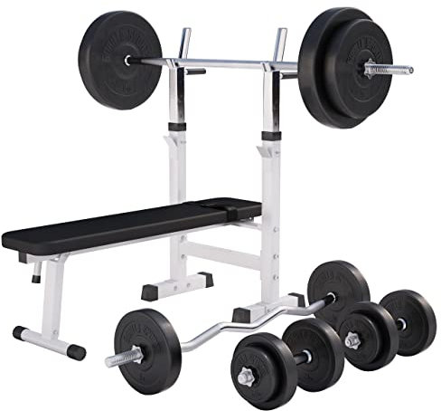 GORILLA SPORTS® Hantelbank - inkl. Hantelset 38/70/100kg, Ablage, Dip-Station, Höhenverstellbar, Klappbar, bis 200kg, Schwarz/Weiß - Trainingsbank mit Langhantelset, Drückerbank, Schrägbank, Flachbank