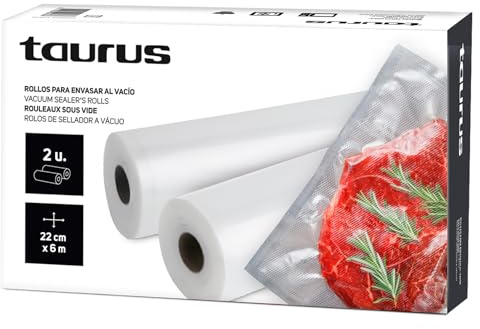 Taurus - Pack sacs pour machine sous vide, 2 rouleaux de 22 cm x 6 mètres, pour la conservation des aliments, s'adapte sur mesure