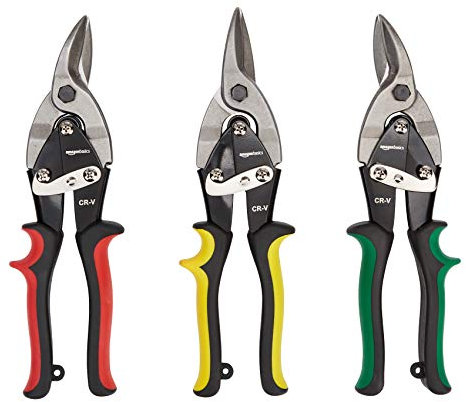 Amazon Basics Durchlaufblechscheren-Set, 3-teilig, linker, rechter und gerader Schnitt & Stemmeisen und Nagelzieher, 4-teiliges Set