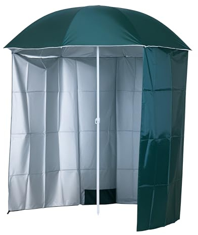 Outsunny Ombrellone da Spiaggia Ø2.2x2.2 m con Tendina Laterale, Sacchi per Sabbia e Picchetti, Ombrellone da Mare con 8 Stecche e Design a 2 Sezioni in Metallo e Poliestere, Verde Scuro