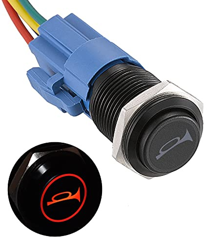 APIELE Momentan signalknapp tryckbrytare 12 V, med LED vattentät tillfällig tryckknappsbrytare med förkopplad kontakt 16 mm hornomkopplare (svart skal/röd LED)