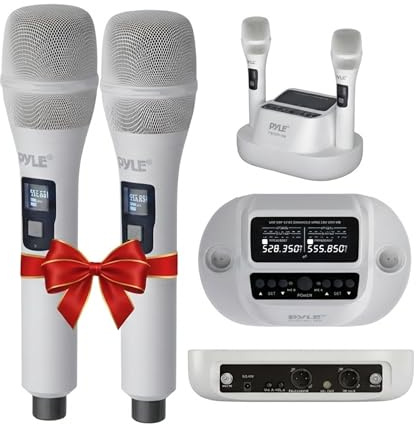 Pyle Karaoke Microphone Set - Wireless Microphones with UHF 2x100 Channel Receiver, High-Fidelity Sound, Anti-Jamming, Rechargeable Mics for Music Lovers - Microfonos Inalambricos Professional