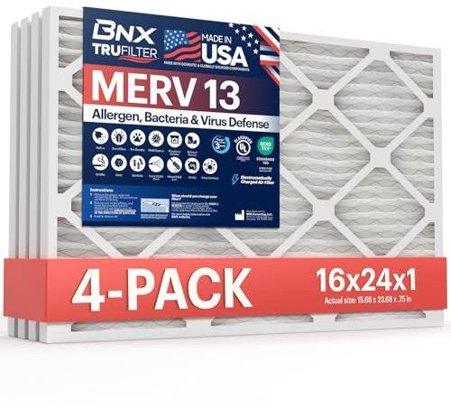 BNX TruFilter 16x24x1 Air Filter MERV 13 (4-Pack) - MADE IN USA - Electrostatic Pleated Air Conditioner HVAC AC Furnace Filters for Allergies, Pollen, Mold, Bacteria, Smoke, Allergen, MPR 1900 FPR 10
