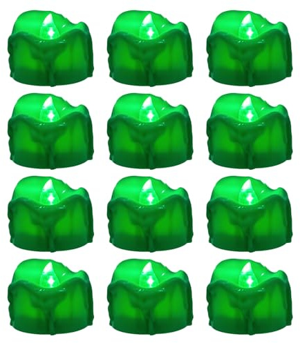 Windshell Green Flickering Flame Tealight Candles with 6H Timer (No Remote), Melting Design, Battery Operated LED Flameless Tea Lights, Pack of 12