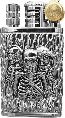 Accendino a fiammifero permanente con design in rilievo, accendino vintage, accendino a forma di teschio freddo, accendino a cherosene riutilizzabile, regalo di compleanno unico per uomo(Silver)