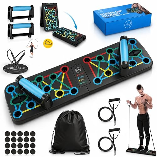 Xuza Push Up Board with Jump Rope | Multi-function Foldable Portable Press Up Board - Ultimate Home Gym Set, Storage Bag, Resistance Bands & Workout Guide - Great Gift for Men & Women