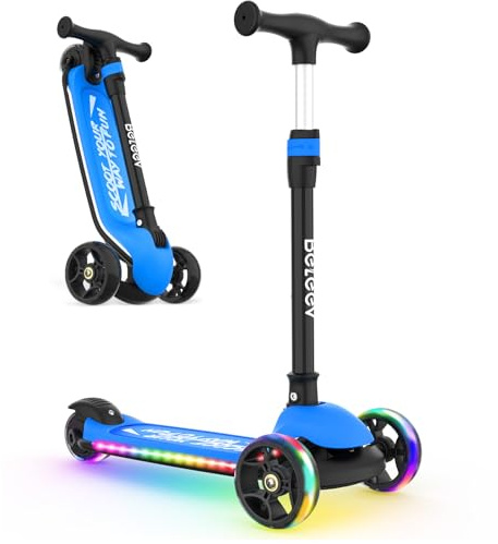 BELEEV Kids Scooter with LED Light-Up Wheels & Deck, 3 Wheel Folding Scooter for Toddlers Girls Boys Ages 3-12, Adjustable Handlebar, Lean to Steer, Extra Wide Wheel, Kick Scooter for Children (Blue)