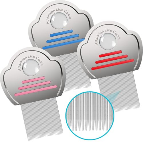 Adamson Lice Comb 3 Pack - Stainless Steel Lice Comb for Kids x 3 - Effective Nit Comb - Lice Combs for Thick Hair - Durable and Easy to Clean - Red, Pink and Blue Set
