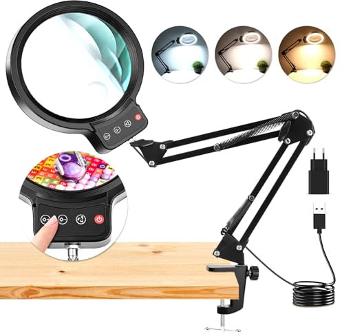 NZQXJXZ 10X 30X Lente di Ingrandimento con Luce e Morsa, Lampada di Ingrandimento Illuminata a LED, 3 Modalità Colore, Lampada da Scrivania con Lente di Ingrandimento per Lettura, Hobby Artigianale