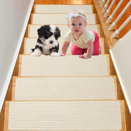 Duscdesp 15 Stück Treppenmatten, Treppenteppich Selbstklebend Antirutsch Treppe Stufenmatten Innen, Stufenteppich Treppen Teppich Treppenstufen für Kinder Ältere und Haustiere, 60x20cm (Beige)