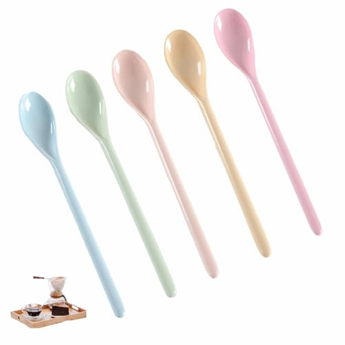 5 Cucharas De Plástico cucharas para huevos de colores y función antigoteo Reutilizables Cucharas de Postre Para Mermelada, Mango Largo Para Vajillas De Porcelana