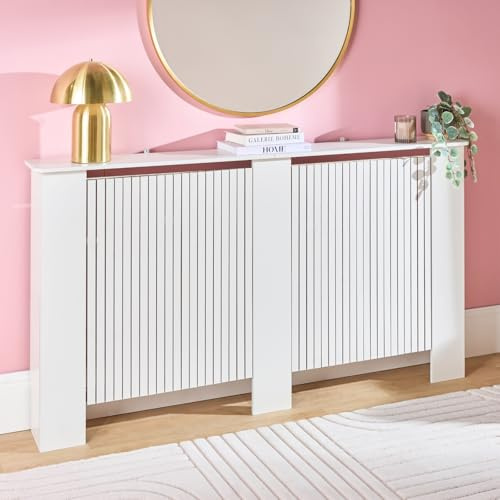 OHS Radiator Cover Cream Modern Slatted Front, Ribbed Small Radiator Covers MDF Cabinet Decorative Heater Cover with Top Shelf for Living Room Bedroom Hallway, 78 x 82 x 19cm