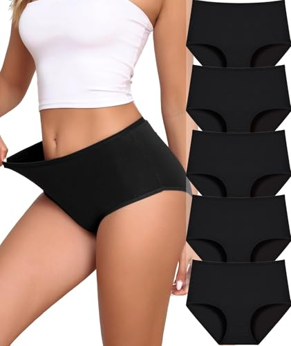 ALL OF SHE High Waist Cotton Underwear Women Knickers Ladies Full Briefs Pant Soft Panties Multiple 5 Pack,BLACK*5,L