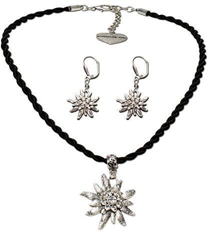 Alpenflüstern SET021 - Parure composta da collana e orecchini con cordoncino e stella alpina con strass, da donna, stile tradizionale bavarese, colore: nero