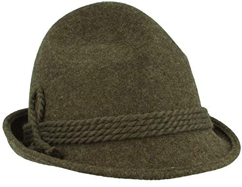 Breiter Original Herren Trachtenhut Filzhut Wanderhut Spitzkopf 100% Wolle, schmaler Krempe & Wollkordel Olive 56
