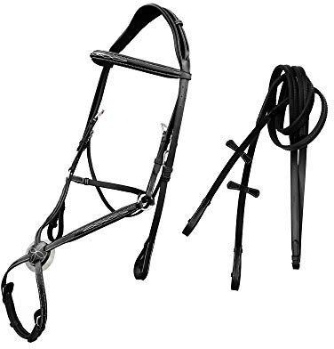 Exion Comfort Lined Anatomic Shape Mono Crown Piece Designer Fancy Stitched Perfect Square Raised Double Buckle Adjustable Figure 8 Noseband Jumping Bridle with Rubber Reins | Royal English Bridle