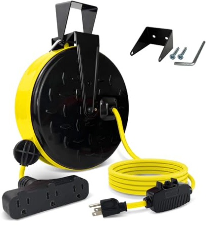 EP 30 Ft Retractable Extension Cord Reel, 16/3 SJTW Power Cord with 3 Electrical Outlets, Ceiling or Wall Mount, 10 Amp Circuit Breaker, Metal Plate, UL Listed, Yellow