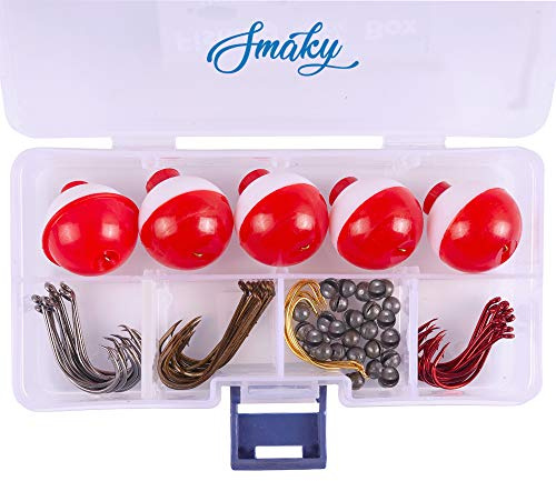 Smaky Fishing Tackle Kit Beginners Equipment 80 Pcs-Includes Fishing Hooks Bobbers Circle Octopus Hooks Sinkers| Starter Kit for Artificial and Live Baits (80-Pcs)