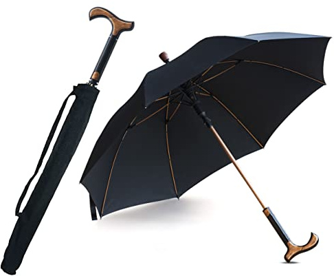 2-in-1 Walking Sticks Umbrella - Windbreak Ribs Walking Cane Crutch Self Protection Umbrella Heavy Duty Solid Tungsten Steel - Ideal Father's Gift for Climbing, Hiking, Hanging Out on Raining