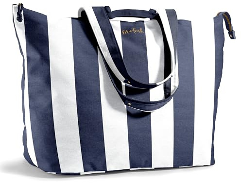 Fit & Fresh Large Beach Bag for Women - Extra Large Travel Tote With Pockets, Navy Stripe