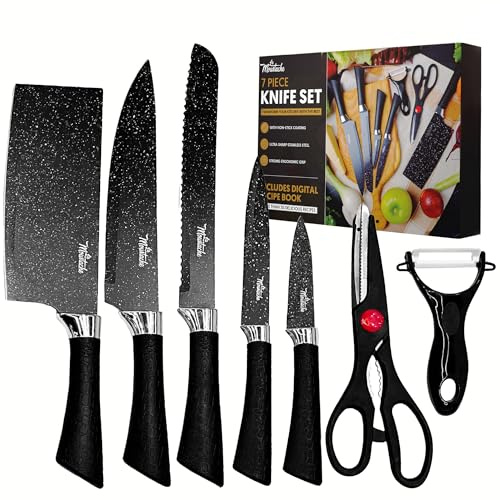 La Moustache - Cuchillos de Cocina Profesionales, Tijeras y Pelador【7 Piezas】 Set de Chef Antiadherente de Acero Inoxidable | Juego Ergonómico para Cortar Pan, Frutas, Verduras y Carnes (Mármol)