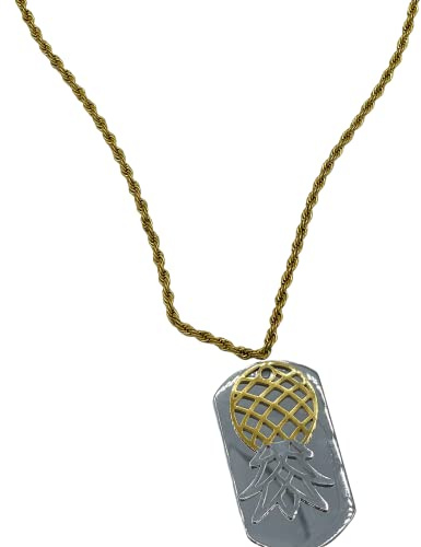 Partners ID Upside Down Pineapple Charm on Black Dog Tag Necklace, Swinger Symbol, Stag, Bull, Open Marriage, Vixen, Hotwife (Silver Dog Tag, Gold Chain)
