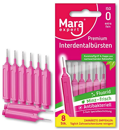 Interdentalbürste Pink - MARA EXPERT | 0,4mm ISO 0 extra fein | 8 Interdentalbürsten | Biokunststoff | Bürsten für Zahnzwischenräume | Mit Minz Geschmack - Chlorhexidin - Fluorid