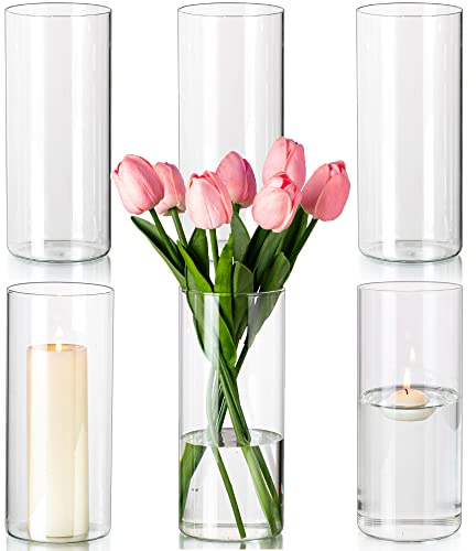 Hewory Vases Cylindriques en Verre Lot de 6, Vase en Verre Transparent de 20cm pour Fleurs, Grand Support de Bougie pour Bougies Piliers Flottantes, Vase à Fleurs Rond pour Mariage, Centre de Table