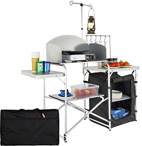 VEVOR Campingküche Outdoor Faltbar 78 x 49 x 13 cm, Alu Campingschrank, Camping Küche mit Windschutz, Campingmöbel Reiseküche inkl. Haken & Lampenmast 66-121 cm, Küchenschrank Campingtisch Reisen