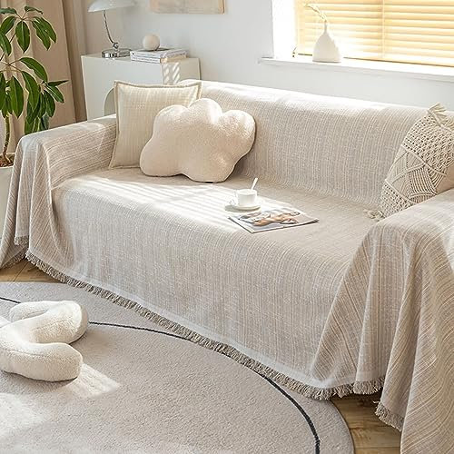 Homxi Couchbezug Zweisitzer,180x230CM,Sofahusse Einfarbig mit Quaste Überzug Sofa Leinen Baumwolle Sofa Handtuch Beige Sofahusse Universel