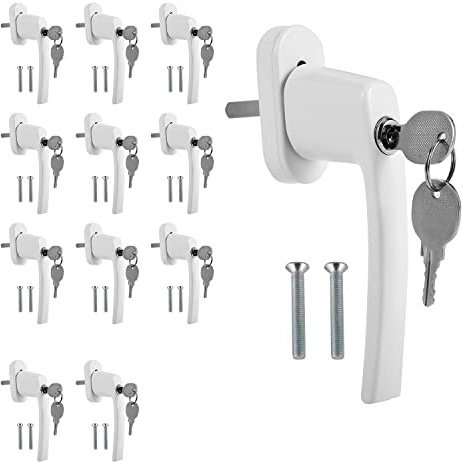 Fiqops Lot de 12 poignées de fenêtre en aluminium avec serrure, serrure de fenêtre verrouillable, longueur de tige 35 mm, serrure de fenêtre à fermeture identique avec clé, poignée de fenêtre blanche