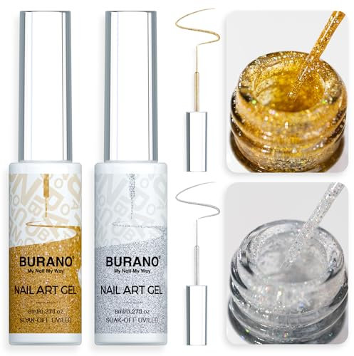 BURANO Gel Nail Polish Liner Art, Silver Gold Painted Design 2 Bottle 8ml, Built-in Thin Brush Curing Required LX2 LX8